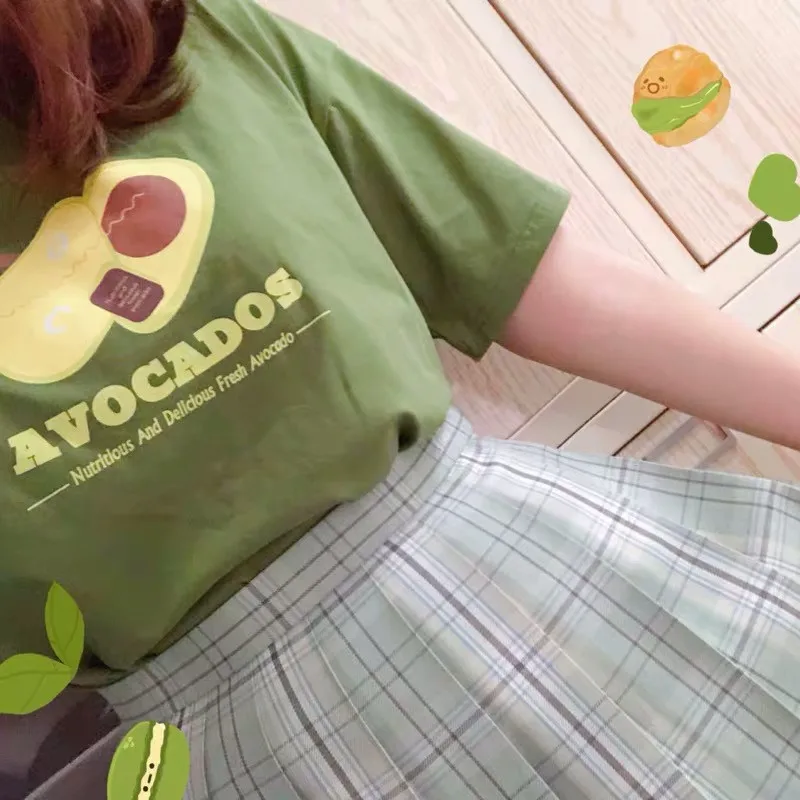 Легкий винтажный свежий авокадо Печатный Фруктовый Зеленый Базовый стиль