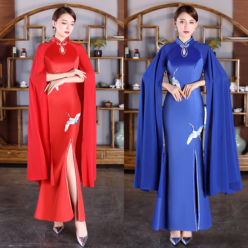 Китайский стиль женские сексуальные вечерние платья с длинным рукавом Qipao