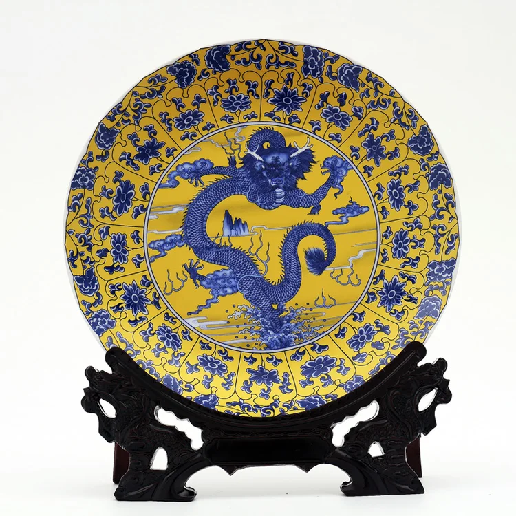 

Home living room TOP talisman # Exorcise evil spirits Totem royal Flying dragon FENG SHUI porcelain plate Ornament business art