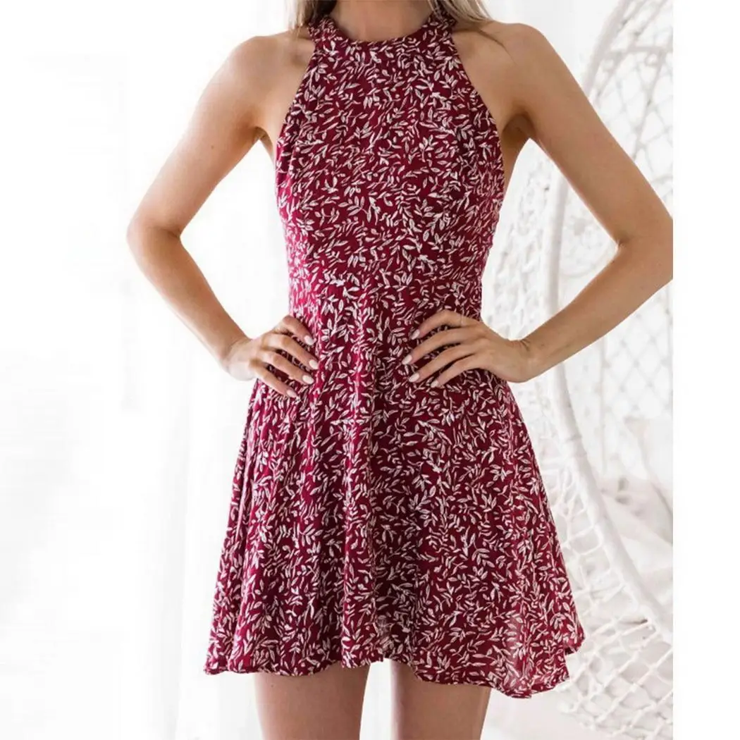 Талии спинки сексуальное женское платье высокой цветочный колена холтер line