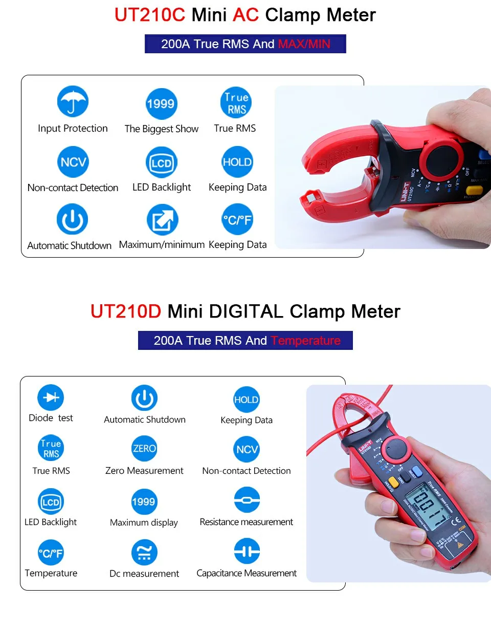 UNI-T Мини цифровые клещи UT210A UT210B UT210C UT210D UT210E True RMS Авто Диапазон VFC емкость Бесконтактный мультиметр