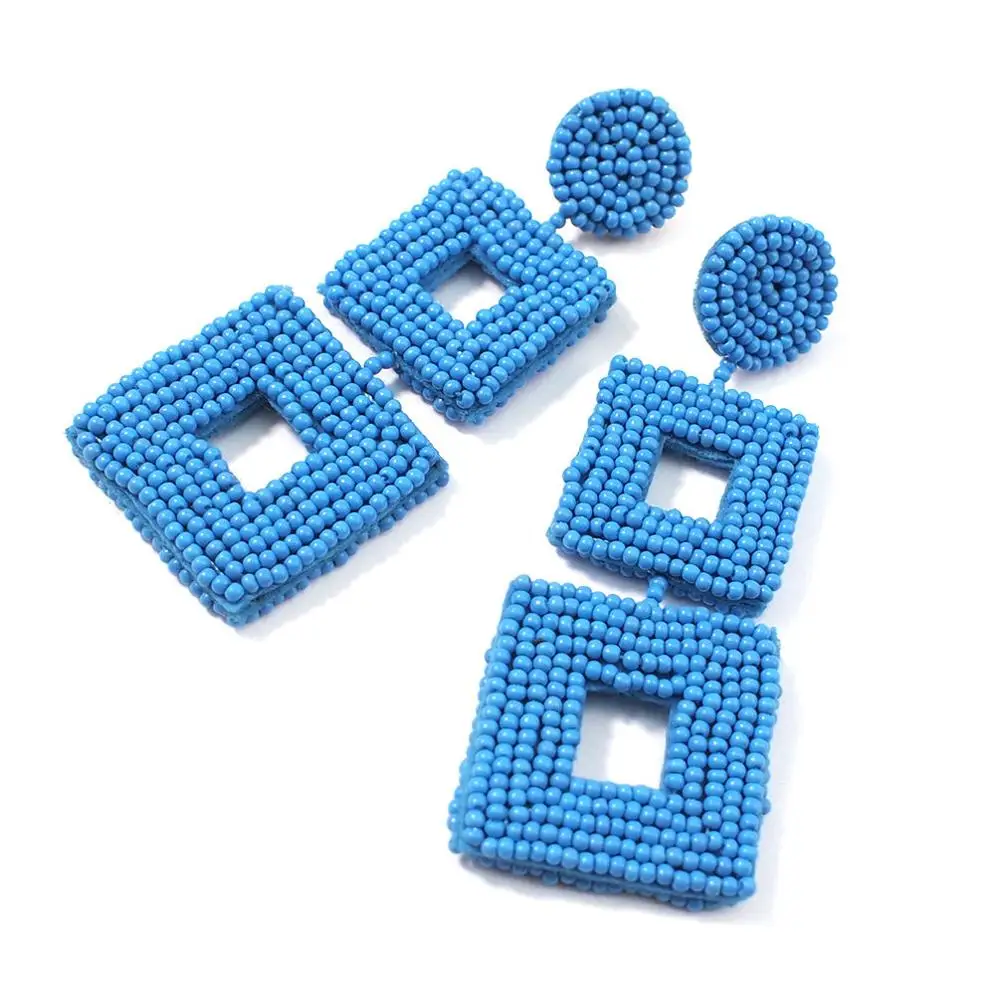 Blue Earrings MANILAI Square Handmade Beads Drop Earrings For Women Jewelry Geometric Dangle Earrings Statement Big Bead Pendant Wedding - Окраска металла: Blue Earrings