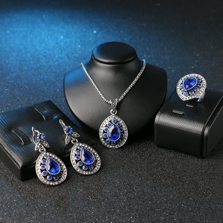 Женские винтажные серебряные кольца с каплями воды синего цвета серьги и