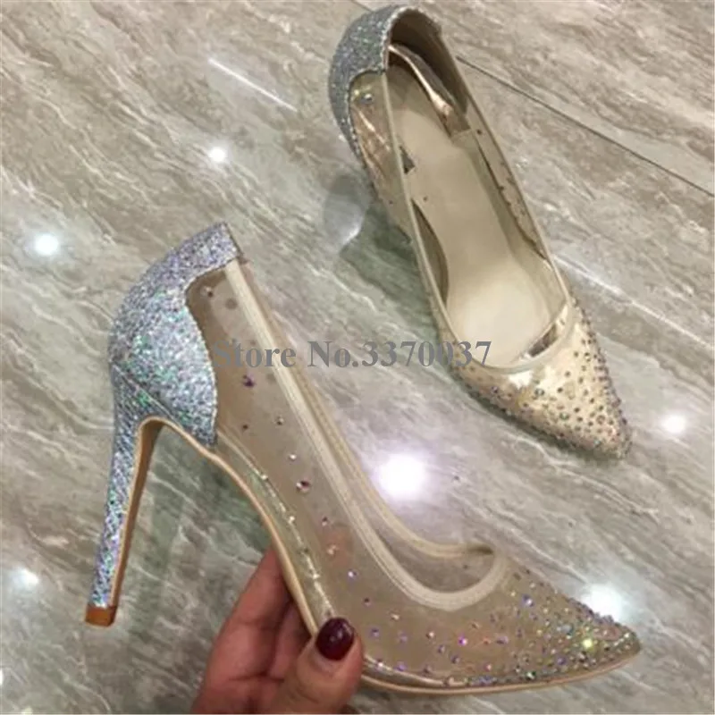 Очаровательные Дамы острым носом Bling со стразами открытые туфли-лодочки черного кружева Кристалл блестками свадебные туфли на высоком каблуке