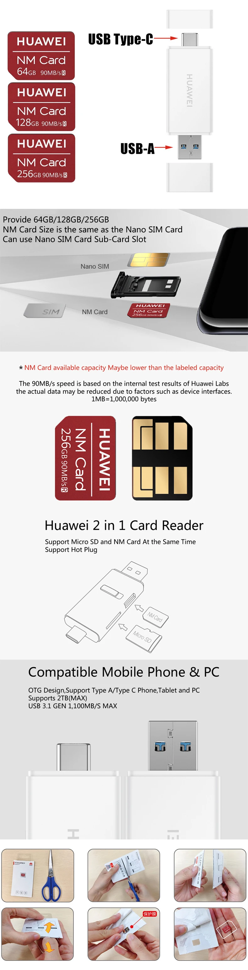 Нм карта 90 МБ/с./с 64 Гб/128 ГБ/256 ГБ применяется к Mate20 Pro Mate20 X P30 с USB3.1 Gen 1 Nano устройство для чтения карт памяти