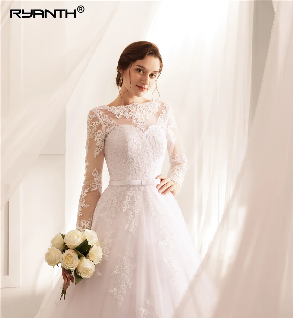 Cheap Vestido De Noiva 2019 Custom Made Lace Up Back Ball Gown Wedding Dress Long Sleeves Princess Robe de mariage | Свадьбы и