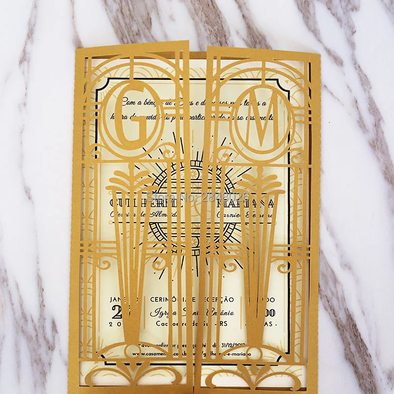 Индивидуальные монограмма Золотой Lasercut ворота лазерная резка, для свадьбы Приглашение, персонализированные печатные складывающиеся открытки