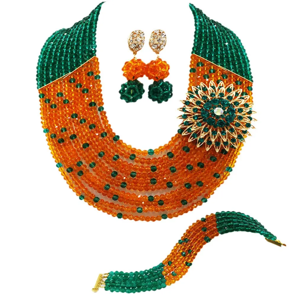 

Teal Green Army Green and Orange African Wedding Beads Nigerian Jewelry Set Crystal Beaded Necklace Sets 10SZ02