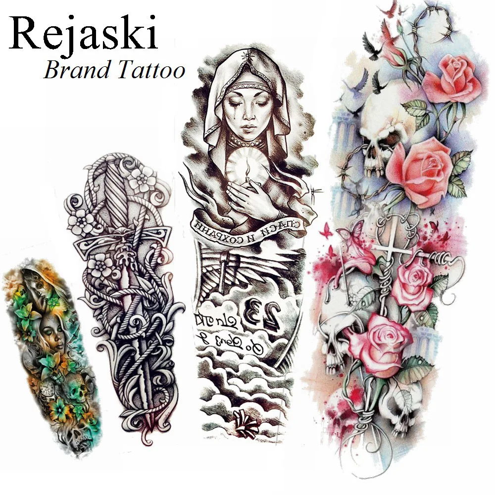 

48x17CM Black Sword Totem Cry Nun Temporary Tattoo Men Full Arm Body Art Tattoo Sticker Women Rope Waterproof Tatoo Big Wave Leg