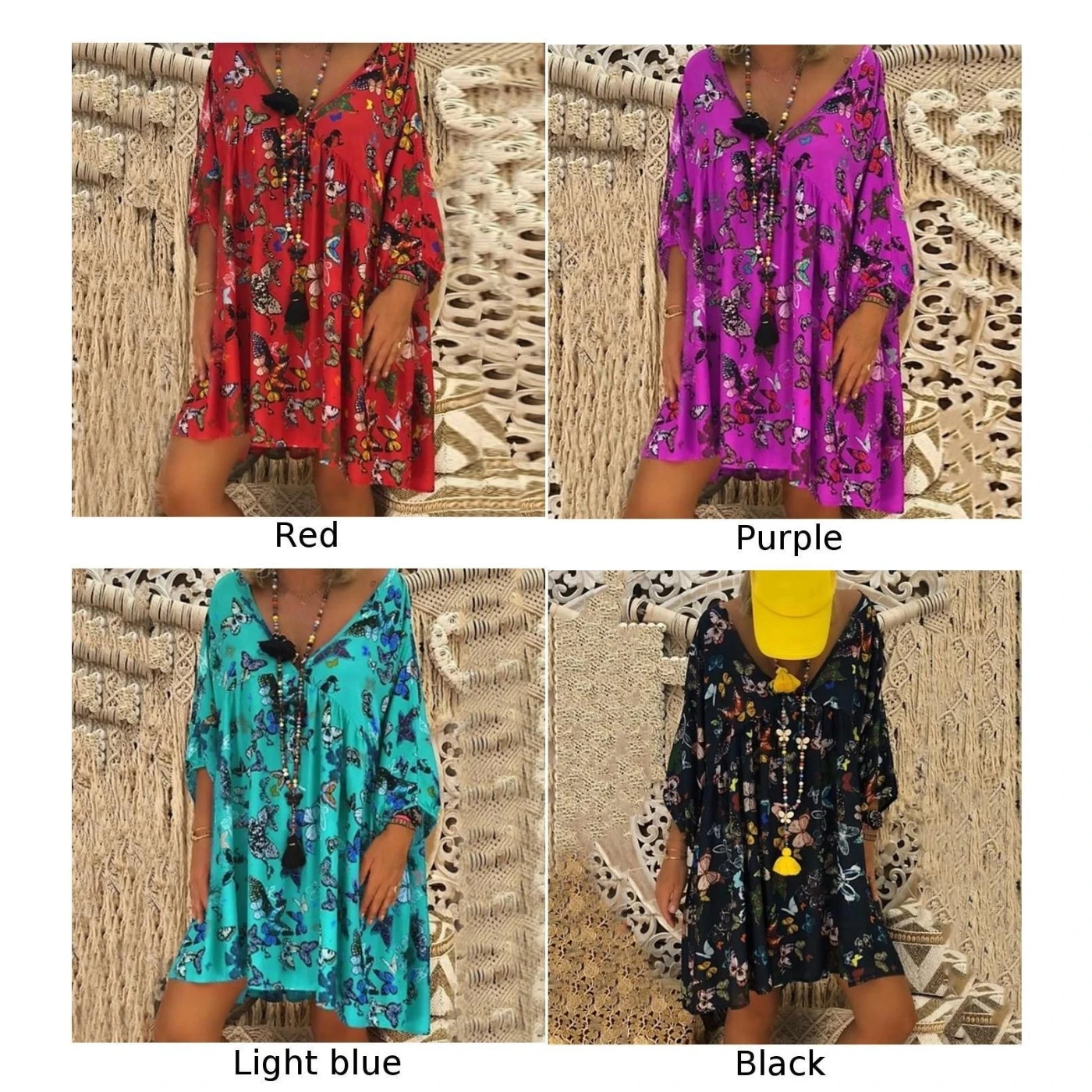 Летние платья Boho свободные v-образным вырезом с принтом Vestidos длинным рукавом