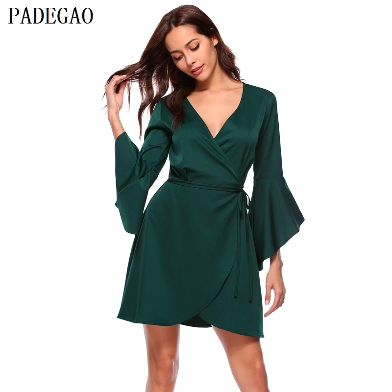 Padegao черный рукав фонарик повседневные платья Sexy V образным вырезом империи на