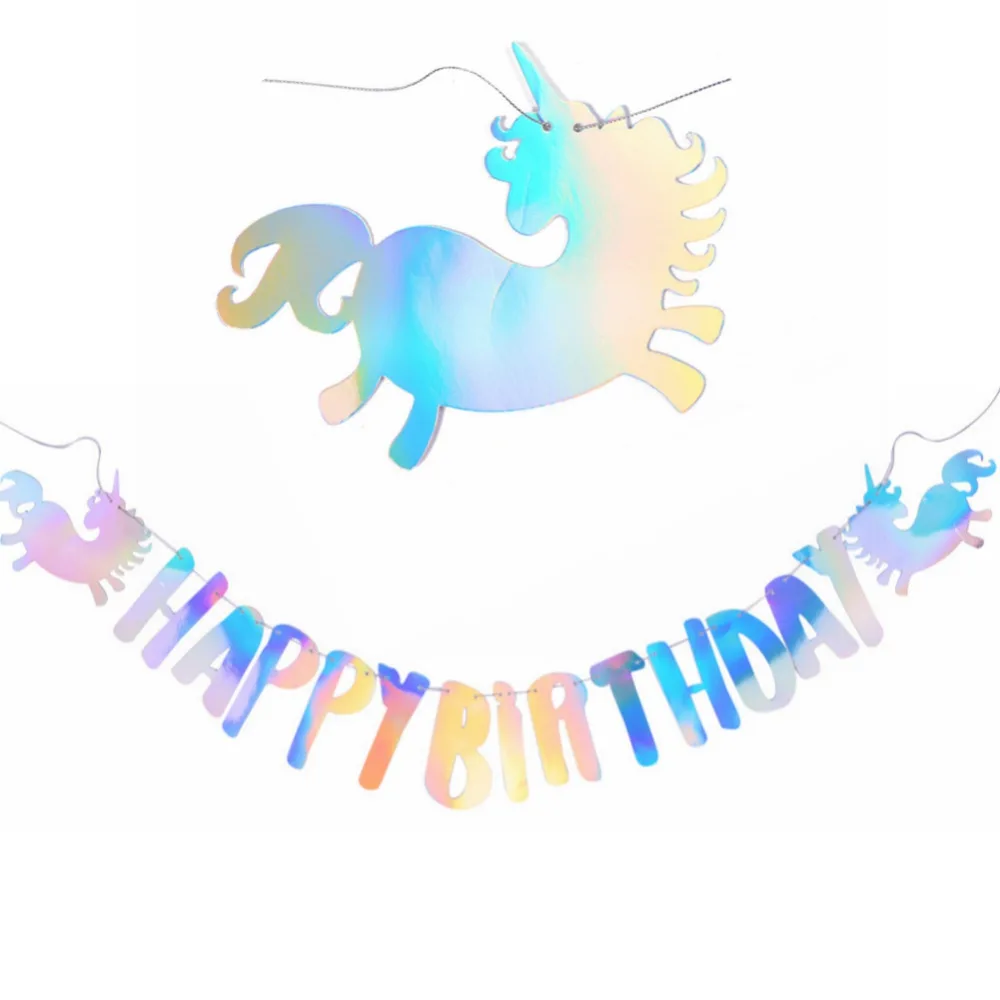 Holographic Film Happy Birthday Banner Rainbow Iridescent Film Alphabet Banner for Kids Birthday Unicorn Party 1st Birthday