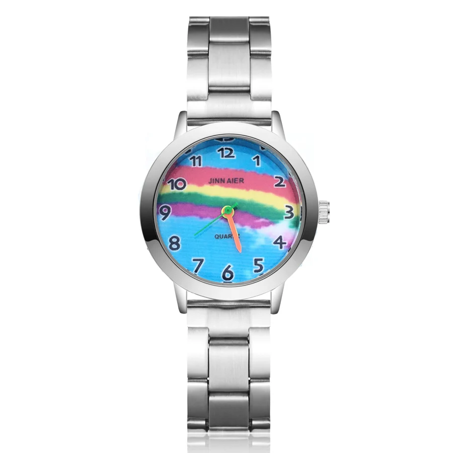 Часы женские с радужным рисунком маленькие кварцевые со стальной полосой