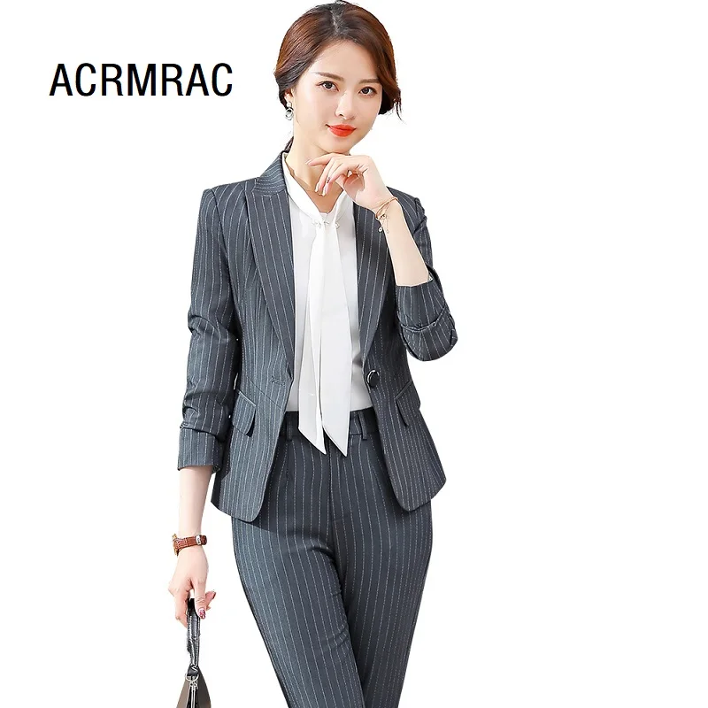 

Women suits Slim spring stripe gray Pants 2-piece set OL Formal Business Women pants suits Woman set suits 865