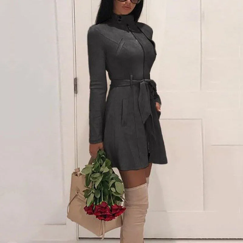 

Fashion Womens Slim Winter Autumn Warm Trench Coat Zipper Long Outwear Ladies Casual Pocket Sashes Trench Long Women Autumn Coat