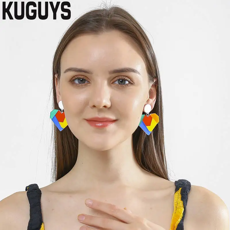 KUGUYS милые цветные серьги в форме сердца для женщин модные прозрачные акриловые