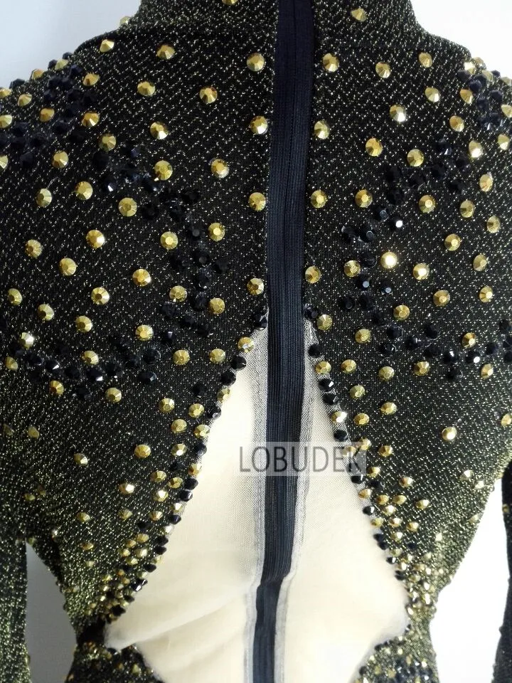 Прозрачный комбинезон Стразы Zentai золотистый черный боди с блестящими
