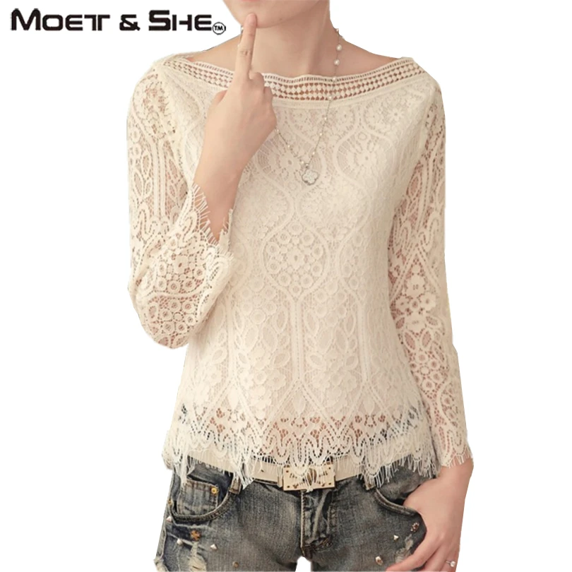

Fall Autumn Korean White Women Blouse Slash Neck Hollow Out Mesh Crochet Long Sleeve Femme Pullovers Sexy lady Top T6N0507H