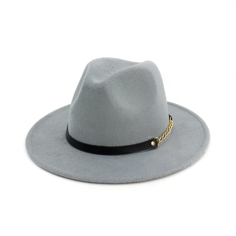 Новая модная мужская шляпа fedoras Женская модная джазовая шляпа лето весна черная Шерстяная кепка Уличная Повседневная шляпа ремень с металлической пряжкой - Цвет: Light Gray