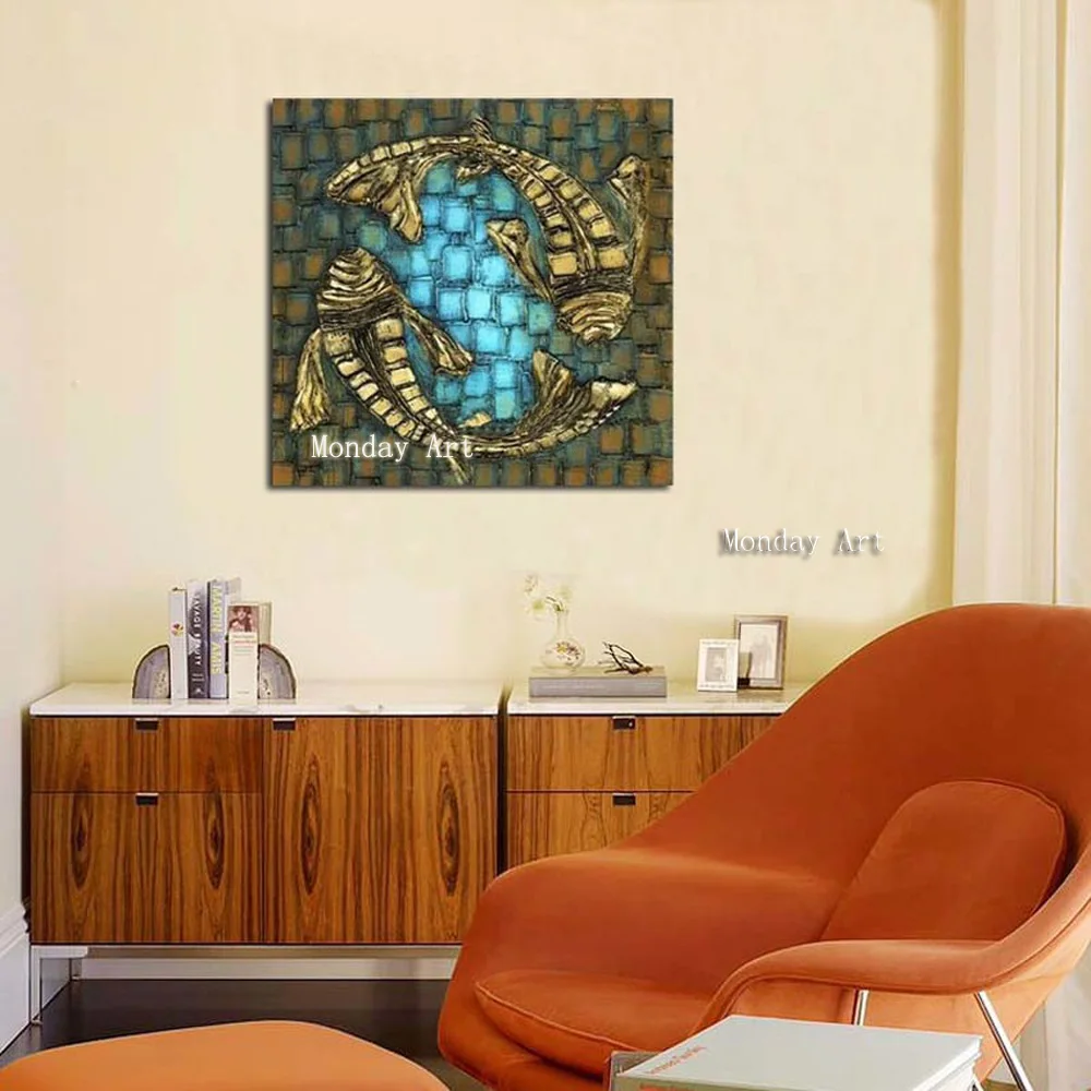 Картина маслом на холсте в стиле ретро с изображением двух золотых рыбок ручная