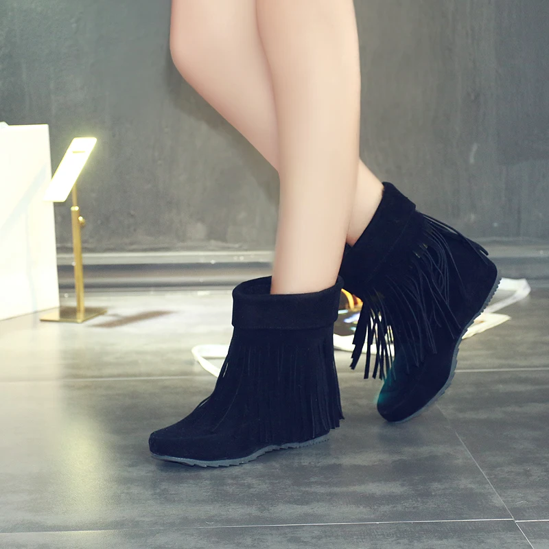 Winter plus size 11 12 13 14 15 16 Flock fashion Fringe Height Increasing Ankle Med Heels Boots Snow | Обувь