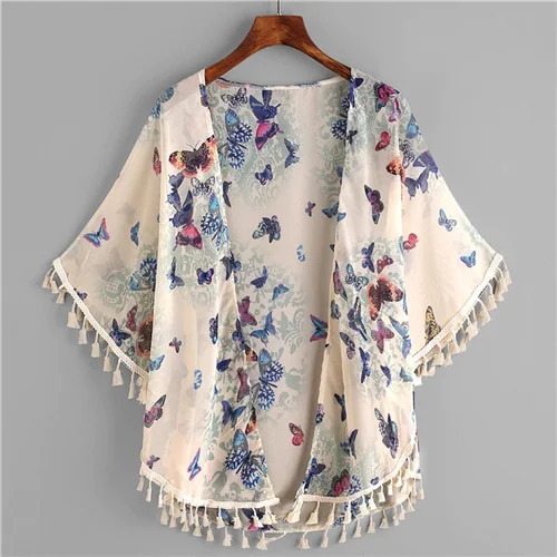 Многоцветный Dotfashion/кимоно с бабочкой и бахромой, Женские топы и блузки, летние повседневные пляжные кимоно с коротким рукавом - Цвет: Многоцветный