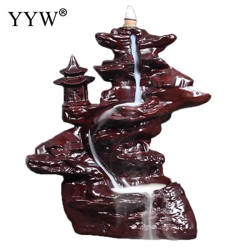 

Backflow Incense Burner Black Sandalwood Incense Cones Holder Carved Censer Aroma Smoke Lofty Mountains And Flowing Water Burner