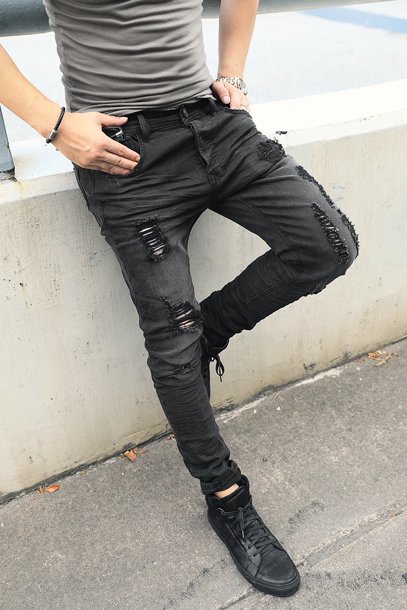 Fashion Streetwear Men Jeans Black Color Spliced Designer High Quality Hip Hop Denim Cargo Pants Big Size 29-42 Biker | Мужская одежда