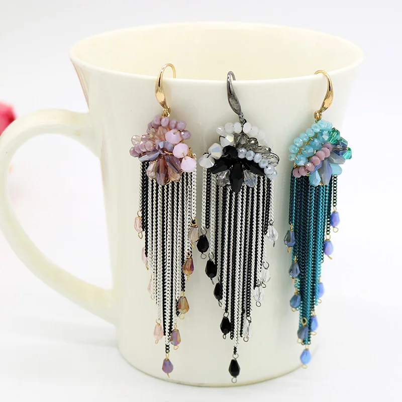 Женские серьги подвески ручной работы индийская цепь длинные с кристаллами в