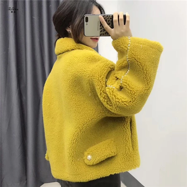 Женская короткая шерстяная куртка ZiZhen с жемчугом желтое короткое пальто|Женские
