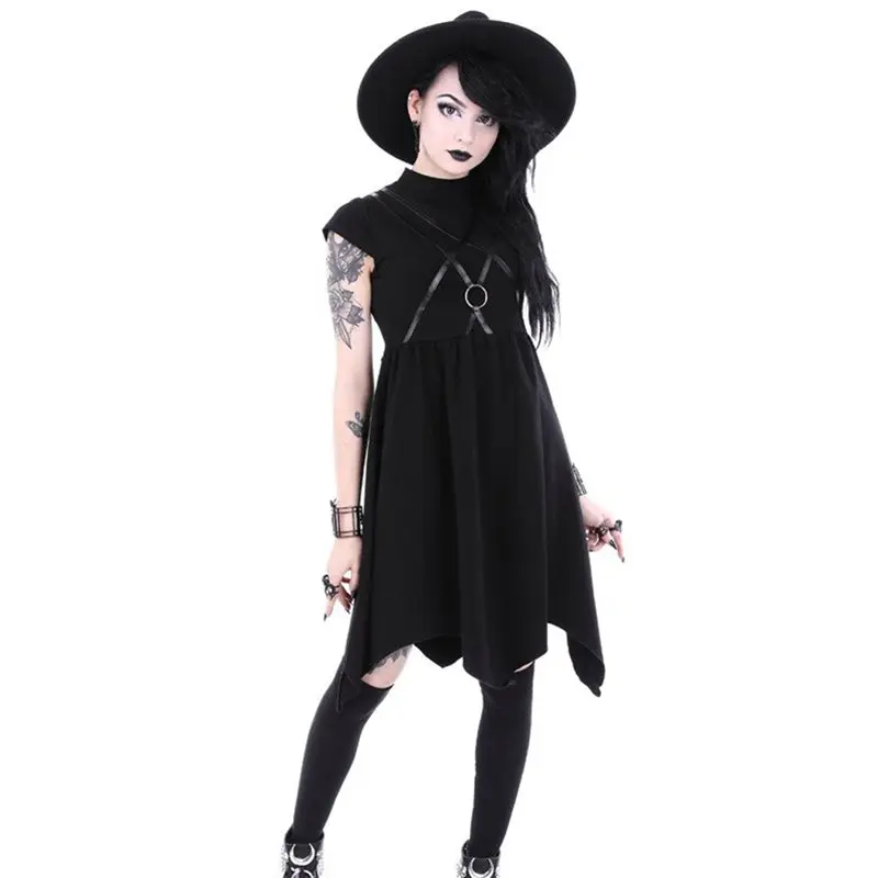Женское винтажное платье с высокой талией черное однотонное асимметричным