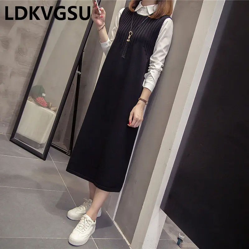 Sleeveless Knitted Dress Women' Long Loose Large Size Sweater Dresses Autumn Winter New Casual Pull Femme Vestidos Tide Is1478 |