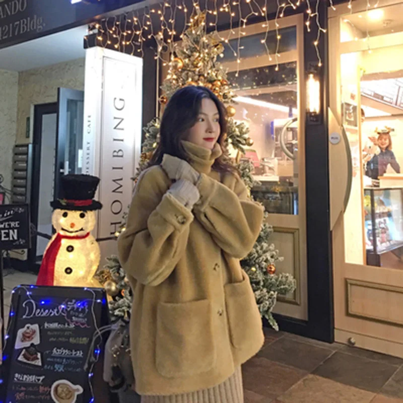 Зимнее теплое пальто для женщин с воротником стойкой и пуговицами свободное