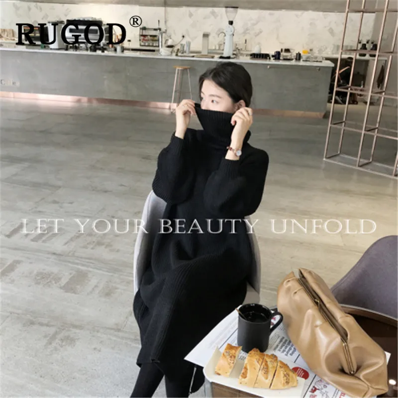RUGOD длинный прямой вязаный свитер с круглым вырезом женское платье зимние