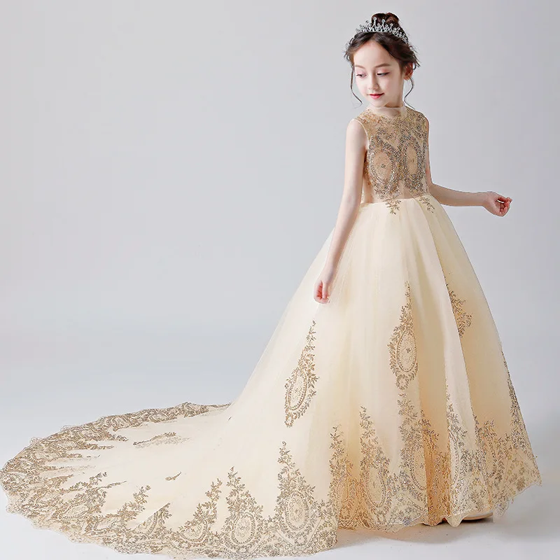 Gorgeous Chapel Train Junior Bridesmaid Girl Dress Children Gold Wire Celebration Birthday Evening Performance Show Party | Детская