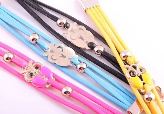 Free shipping deri bilezik hot sale summer simple design girl's jewelry sweet colors fashion alloy owl pendants bracelet pu | Украшения