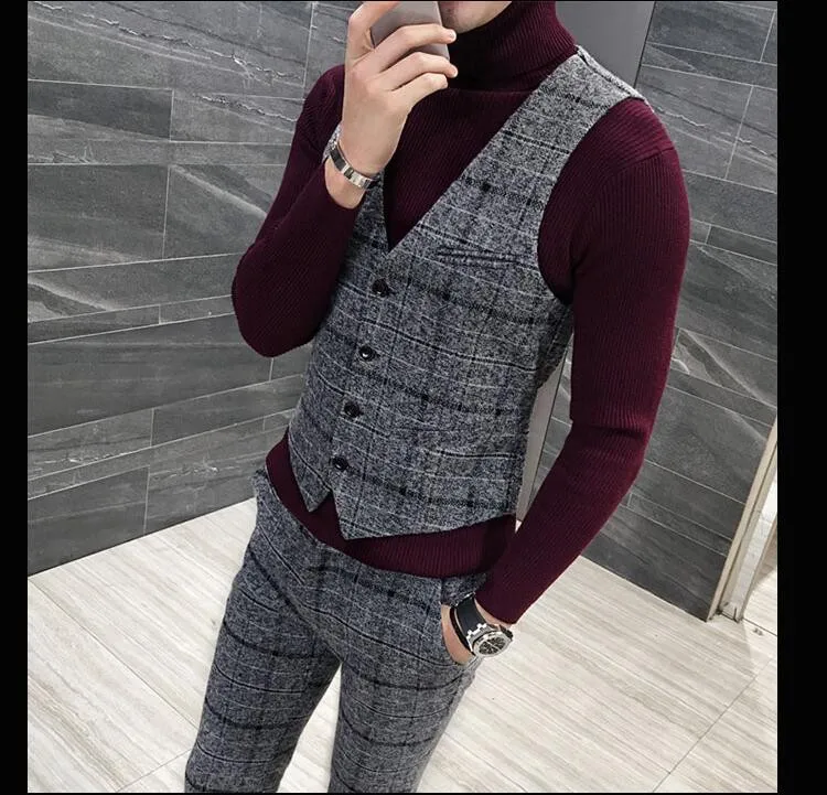 Vest plus Pants 3 штуки,, костюмы для мужчин, Британский стиль, дизайнерский мужской костюм ярко синего цвета, Осень-зима, толстый, приталенный, в клетку, для свадебного платья, смокинги - Цвет: Vest plus Pants
