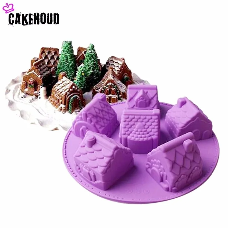 CAKEHOUD 1 Pcs Small House Cake Mold Silicone Christmas 6 House Chiffon Cake Mold DIY Fondant Different Shape House Baking Mould