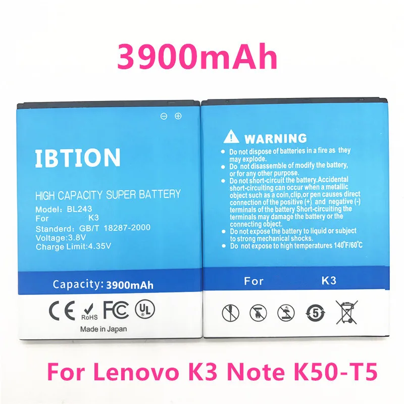 IBTION 3900mAh BL243 Аккумулятор для Lenovo K3 Note K50 T5 A7000 A5500 A5860 A5600 A7600|Аккумуляторы мобильных