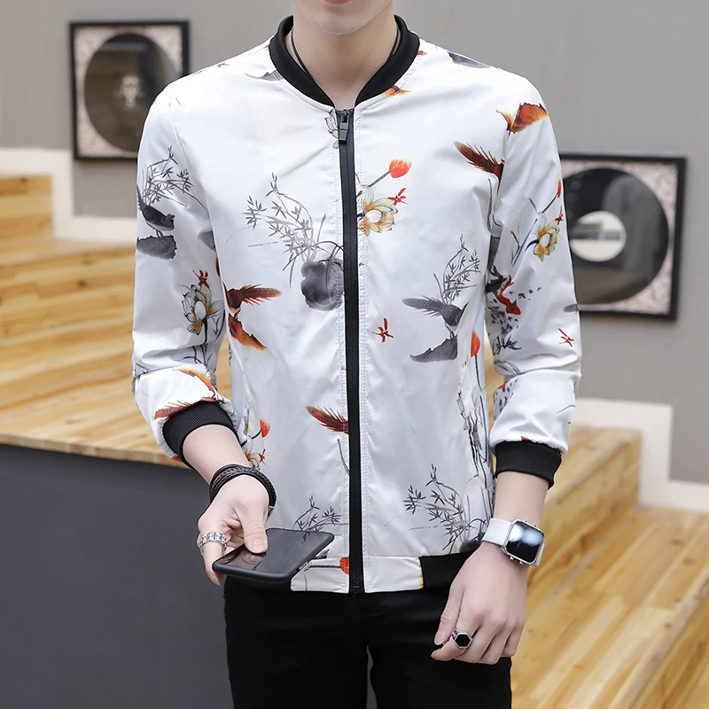 2019 новые мужские с принтом куртки весна осень модный бренд Slim Fit пальто мужской