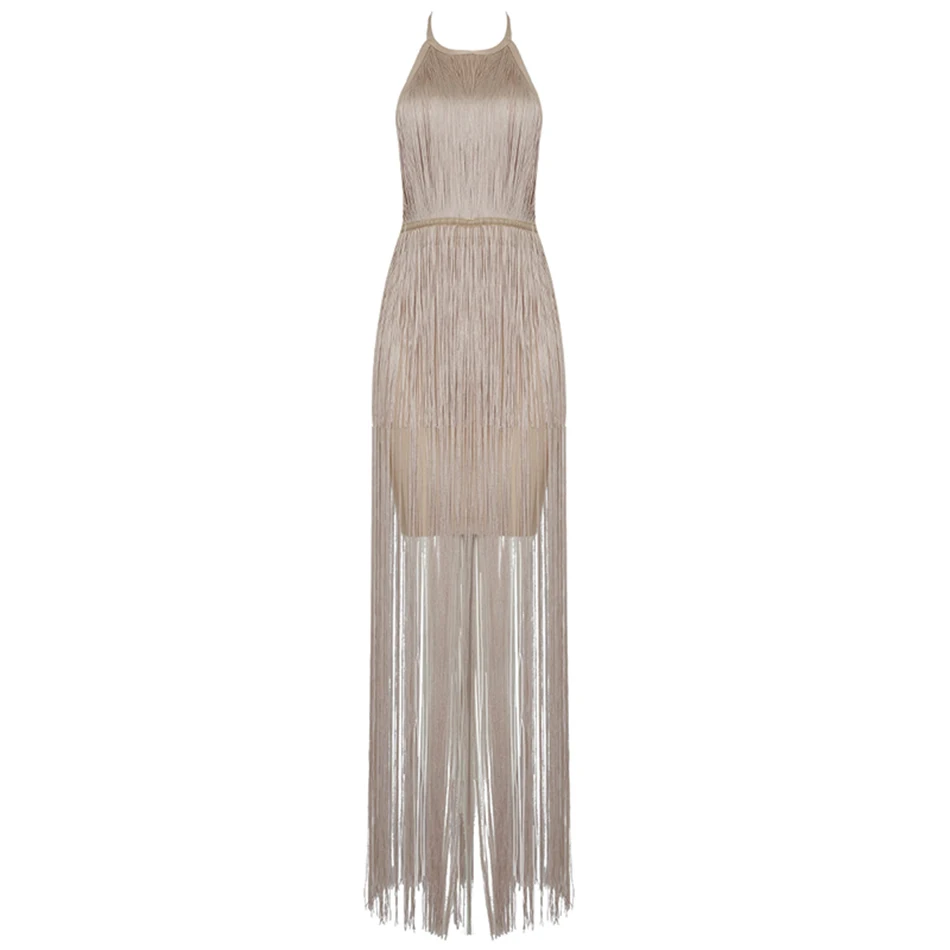 Новинка, летнее женское Бандажное платье, Vestidos, без рукавов, Холтер, с кисточками, облегающее платье, для девушек, для вечеринки, платье телесного цвета, длинное платье