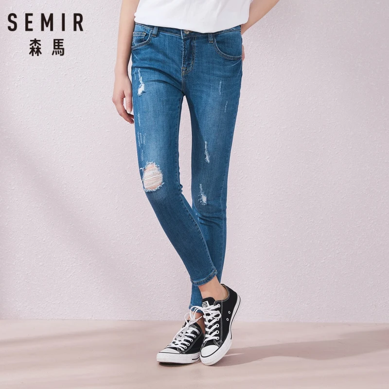 Женские джинсы с низкой талией SEMIR тонкие брюки дырками в Корейском стиле лето
