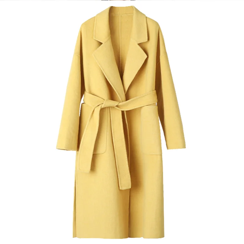

2019 New Spring Coats 100% Wool Double-sided Wool Coat Female Fashion Warm Thick Cloth Coat Belt Yellow Long Women Coat Winter