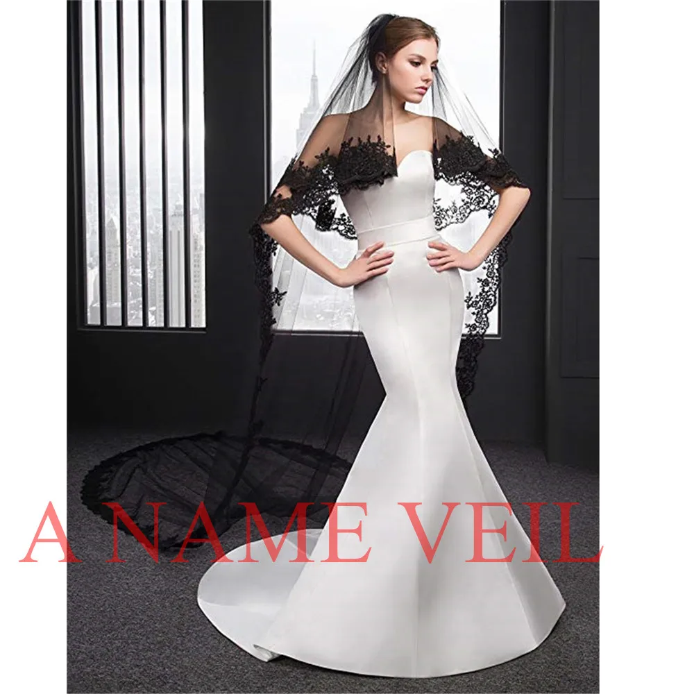 Длинная двухслойная черная фата длиной 3 м с гребнем и аппликацией по краям