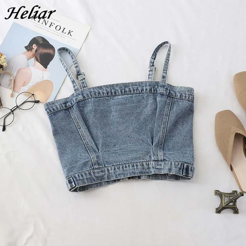 

HELIAR Spaghetti Jeans Hip Hop Camisoles 2019 Fashion Female Zipper Tanks Women Jean Camisole With Button Sleeveless Femme Camis