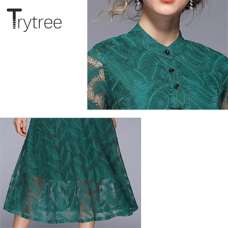 Trytree летнее осеннее однотонное зеленое платье кружевное полиэфирное