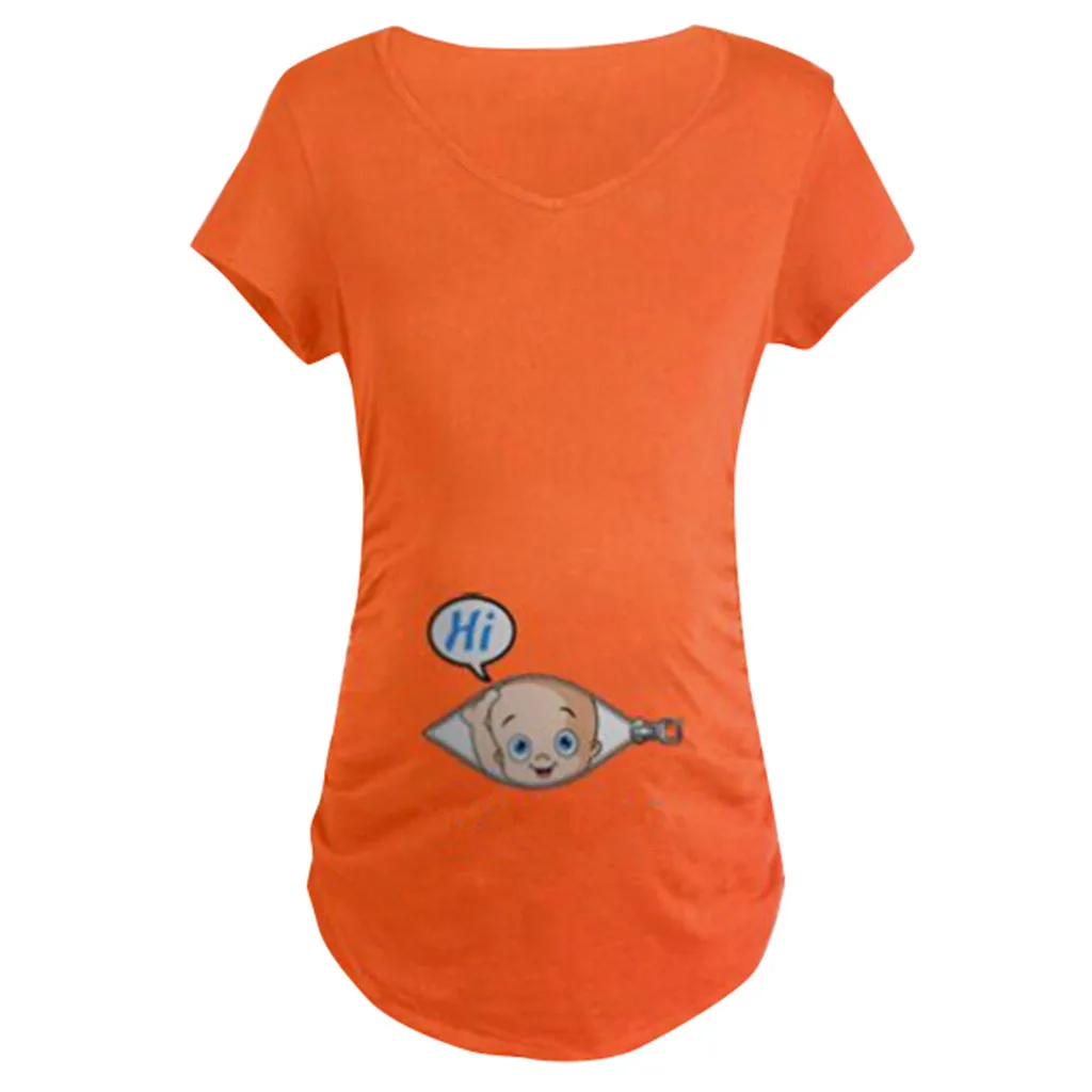 

2019 New Summer Fashion Women's Maternity Cartoon Baby in Pocket Print T-Shirt Solid Color Casual Pregnancy Short Sleeve Blouse