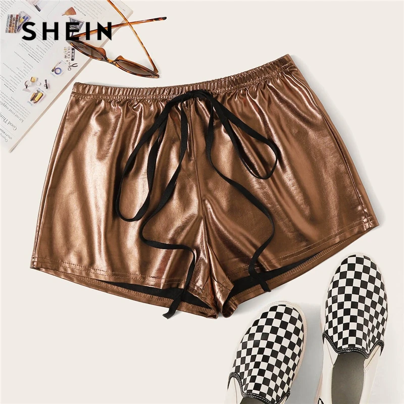 SHEIN однотонные шорты из искусственной кожи с завязками на талии, женская одежда, женские Гламурные Серебристые летние шорты с эластичной талией