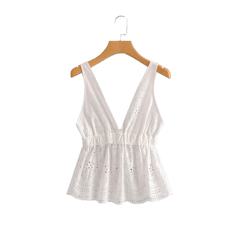 DENISKA 2018 Hollow Out Floral Embroidery Camis Blouse Sexy Sleeveless Backless Pleated Shirts White Ladies Summ | Женская одежда