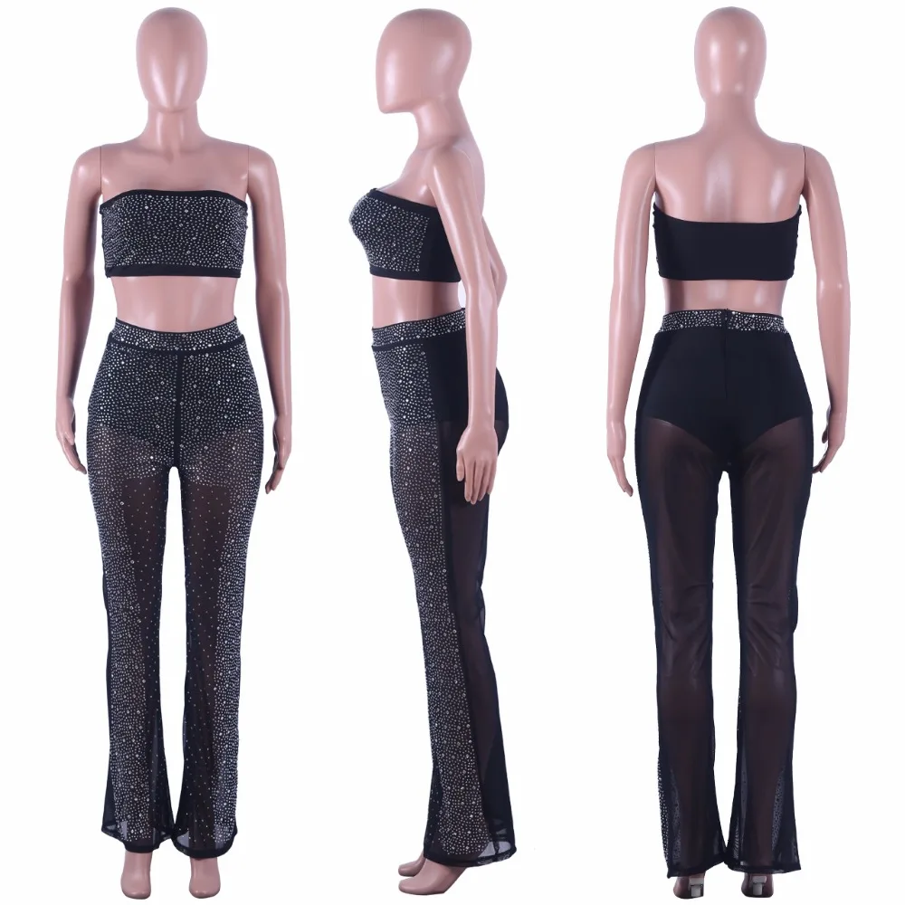 

Women Rhinestones Sexy Mesh 2 Two Piece Sets Crop Top+High Wiast Long Pants Elegant Strapless Outfits Perspective Set Suits B698